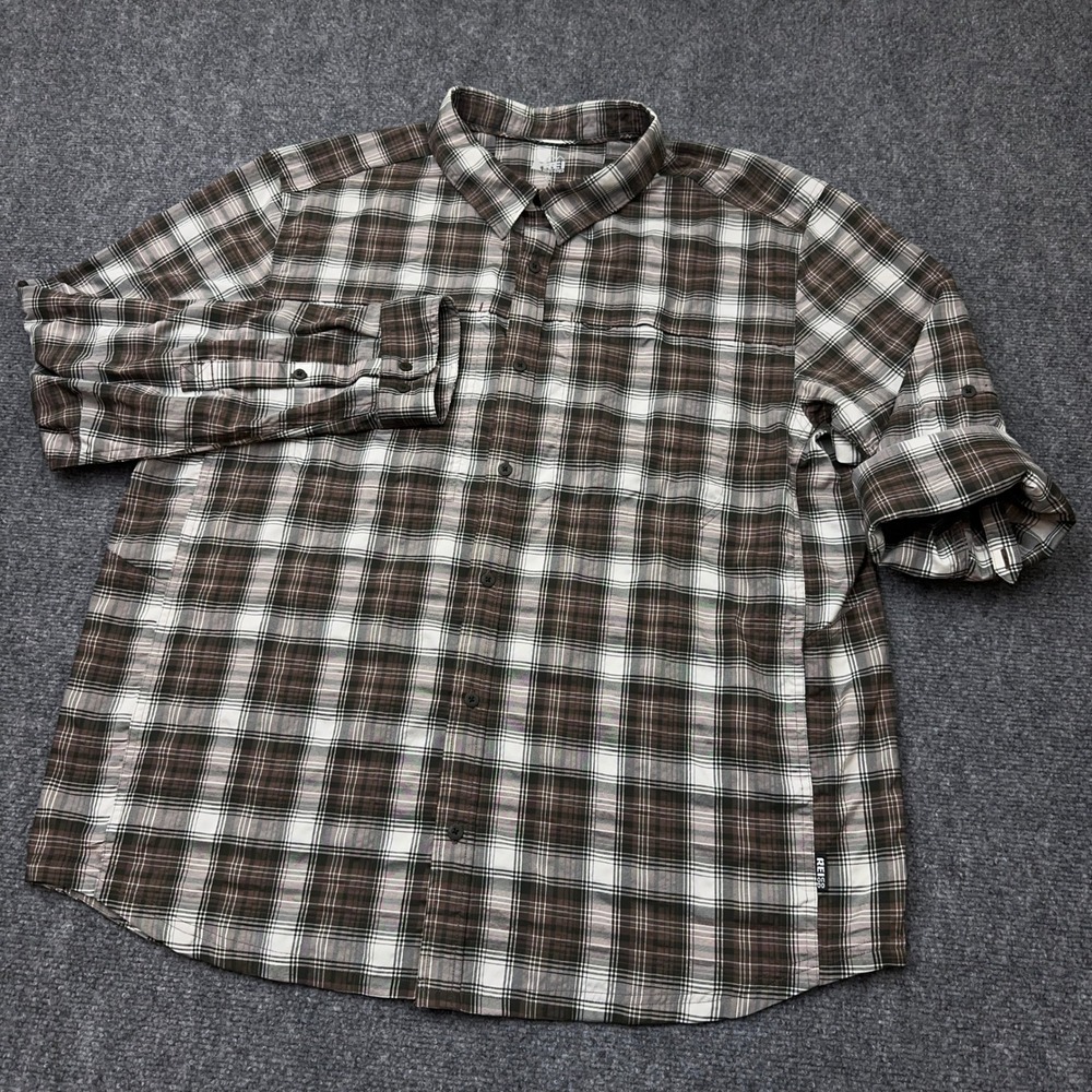 REI Co-op Sahara Button Shirt Mens XL Brown Plaid Roll Tab Sleeve Stretch Hiking